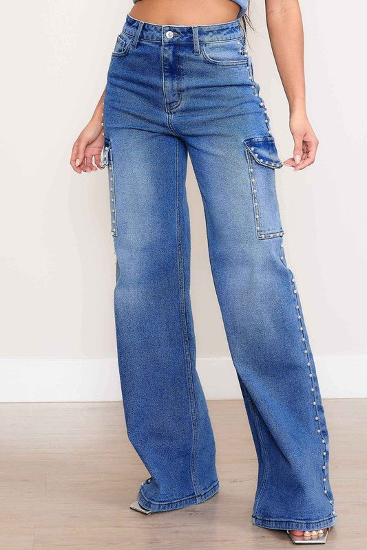 Jeans cargo de pierna ancha de tiro alto Pearl