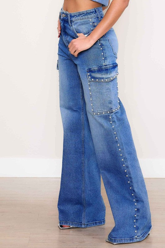 Jeans cargo de pierna ancha de tiro alto Pearl