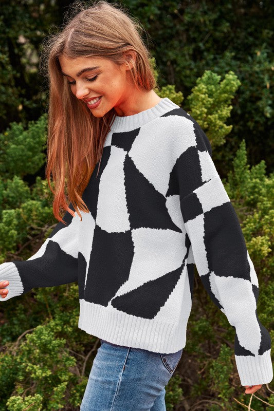 Suéter de punto con cuello de pullover Multi Geo Checker