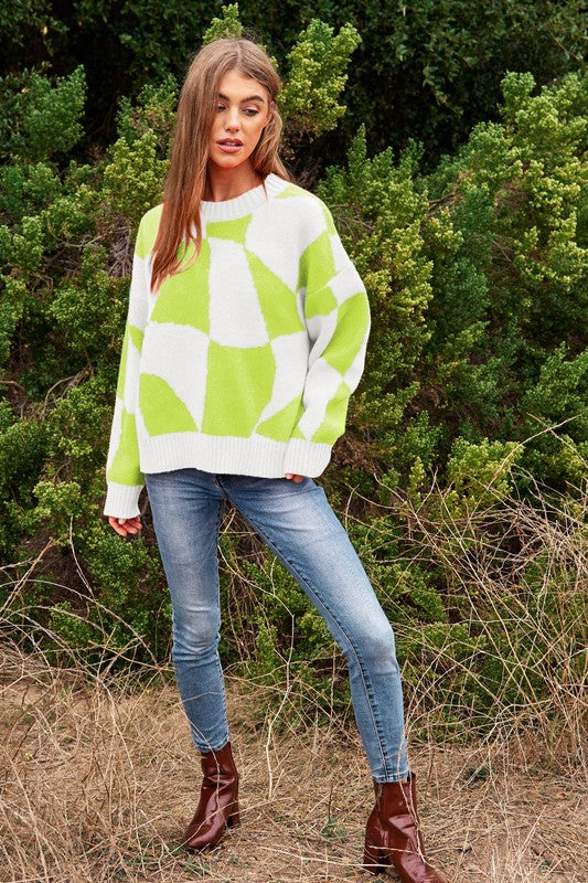 Multi Geo Checker Pullover Knit Sweater Top