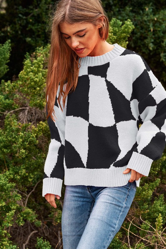 Suéter de punto con cuello de pullover Multi Geo Checker